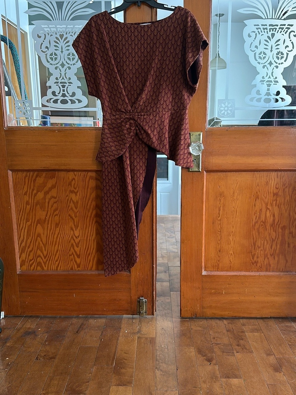 Zara Brown Patterned Asymmetrical Knot-Front tunic